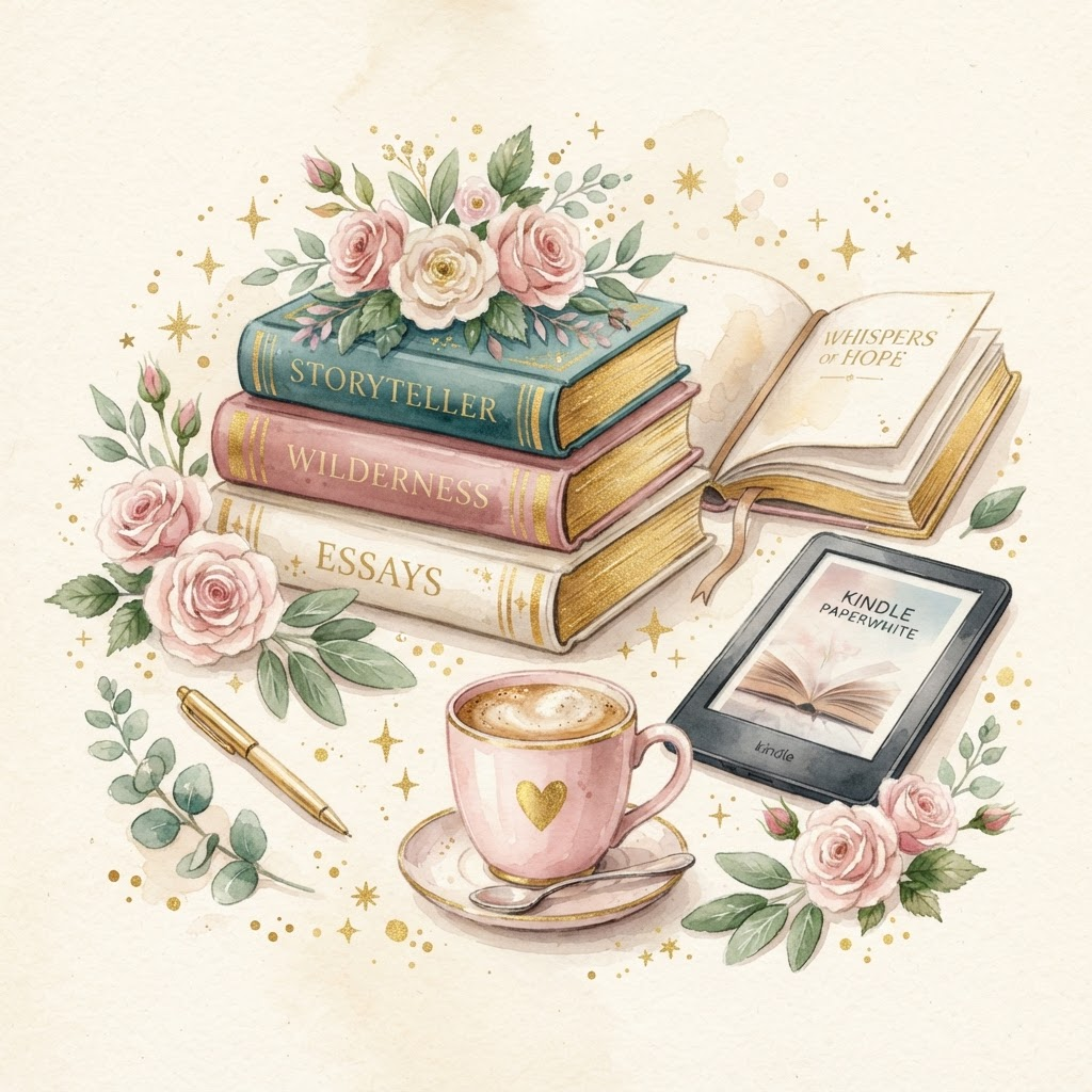 Ilustração aconchegante de livros empilhados, café e um Kindle
