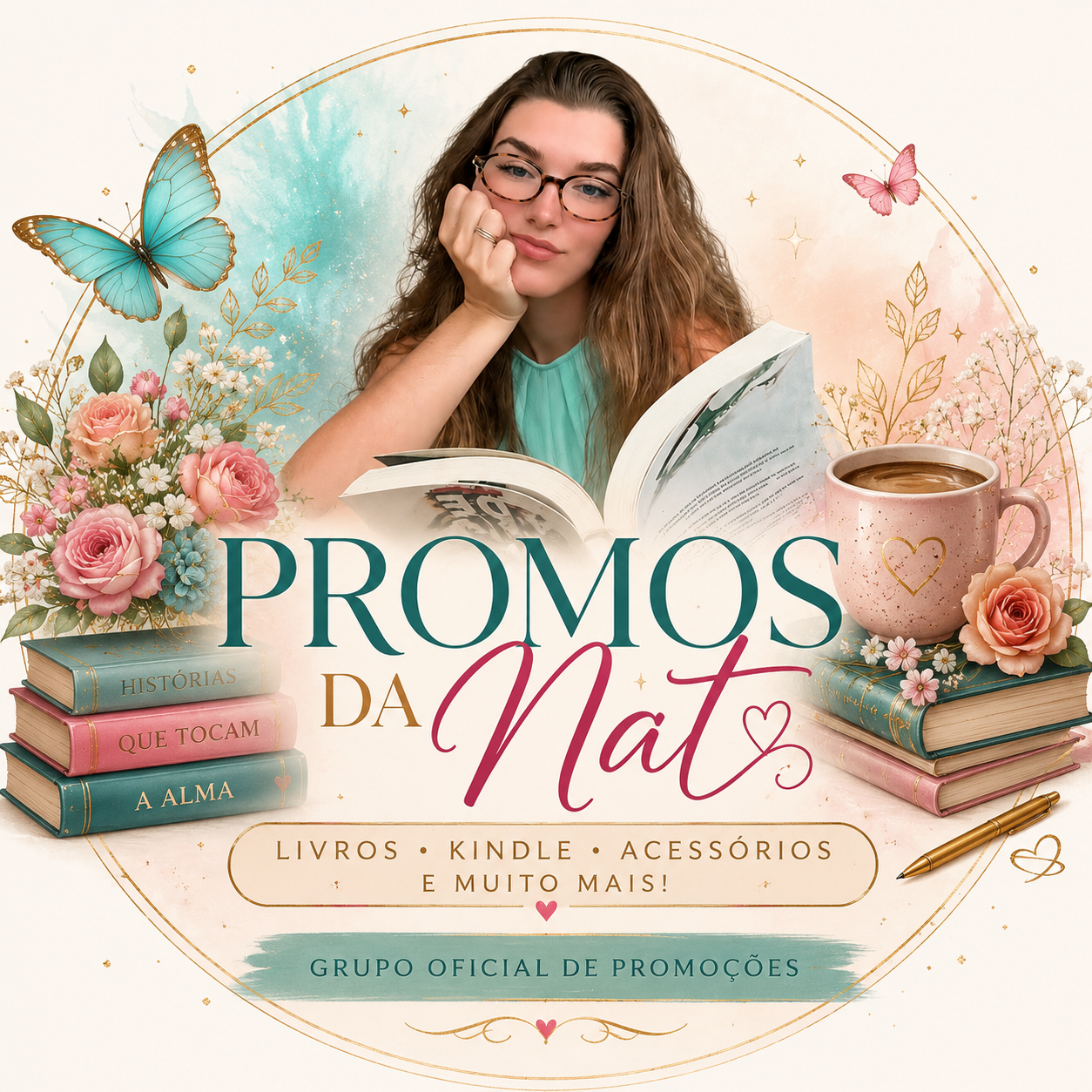Arte oficial do grupo Promos da Nat, com livros, café e borboletas em aquarela